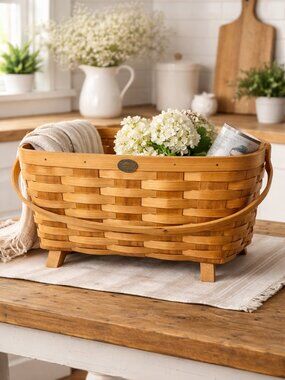 Peterboro Basket Co Footed Market Basket Large Wood Handle Farmhouse Decor Stora